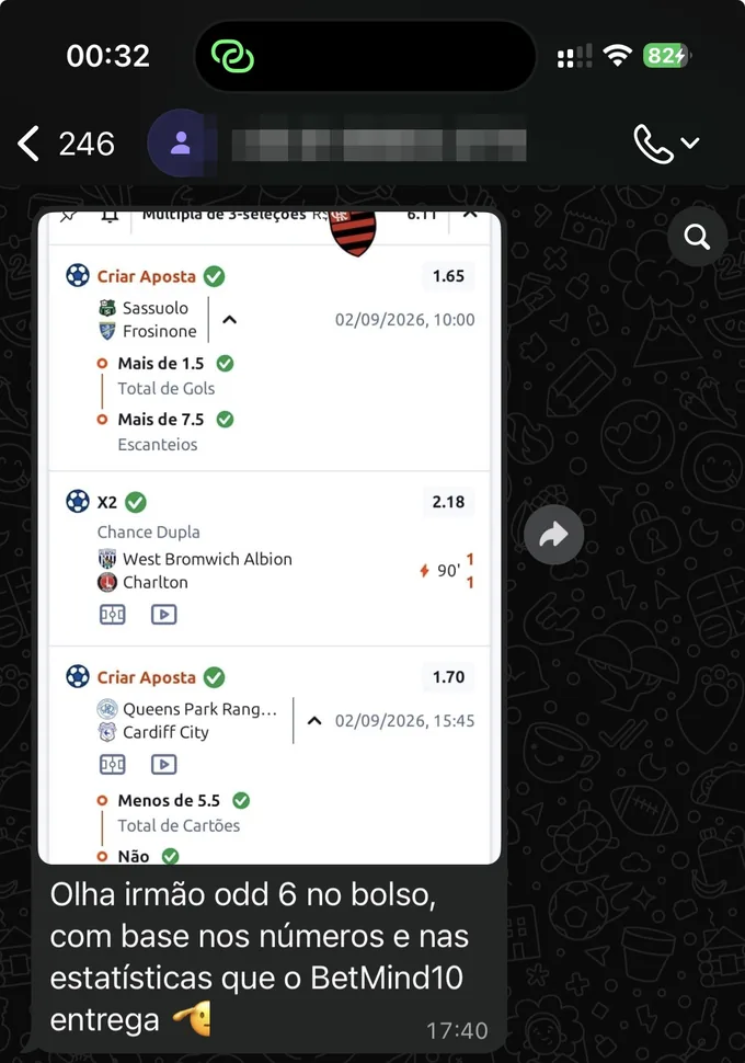 Print de um cliente no WhatsApp mostrando um bilhete múltiplo de três seleções com odd 6, com a mensagem: "Olha irmão, odd 6 no bolso, com base nos números e nas estatísticas que o BetMind10 entrega."